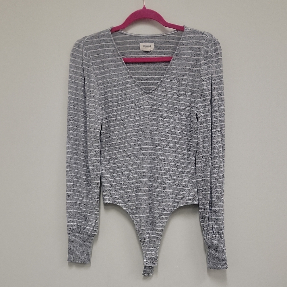 UpWest Gray Striped V-Neck Bodysuit